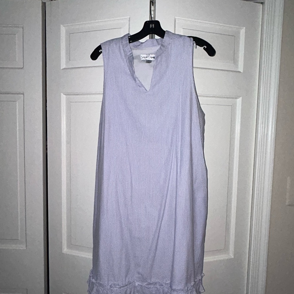 Sara Campbell Periwinkle and White Seersucker Shift Dress